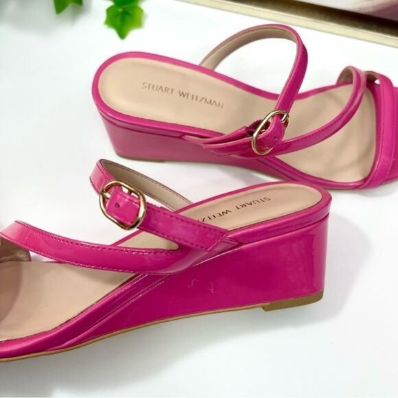 NWOB Stuart Weitzman Align Ii Buckle Patent Wedge Sandal in Pink Size 6 - Picture 9 of 11